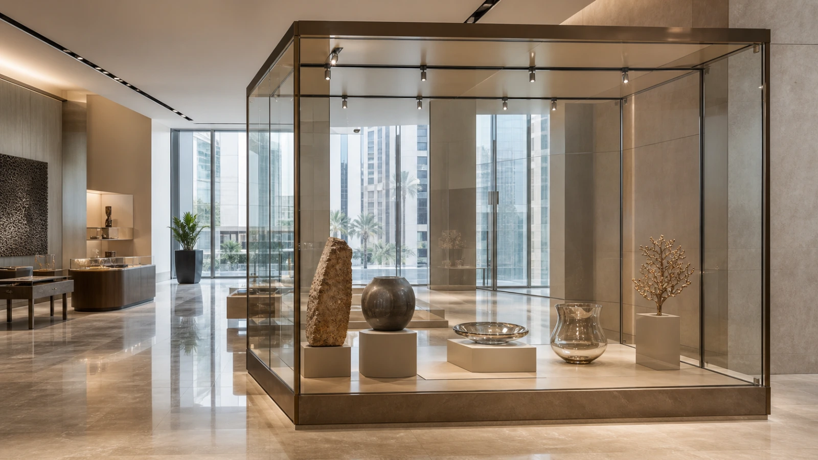 Anti-reflective glass display case in a luxury Dubai showroom