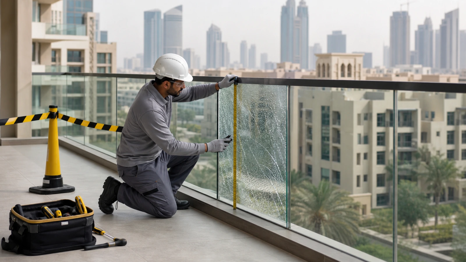 Technician measuring cracked balcony glass for replacement in Dubai
