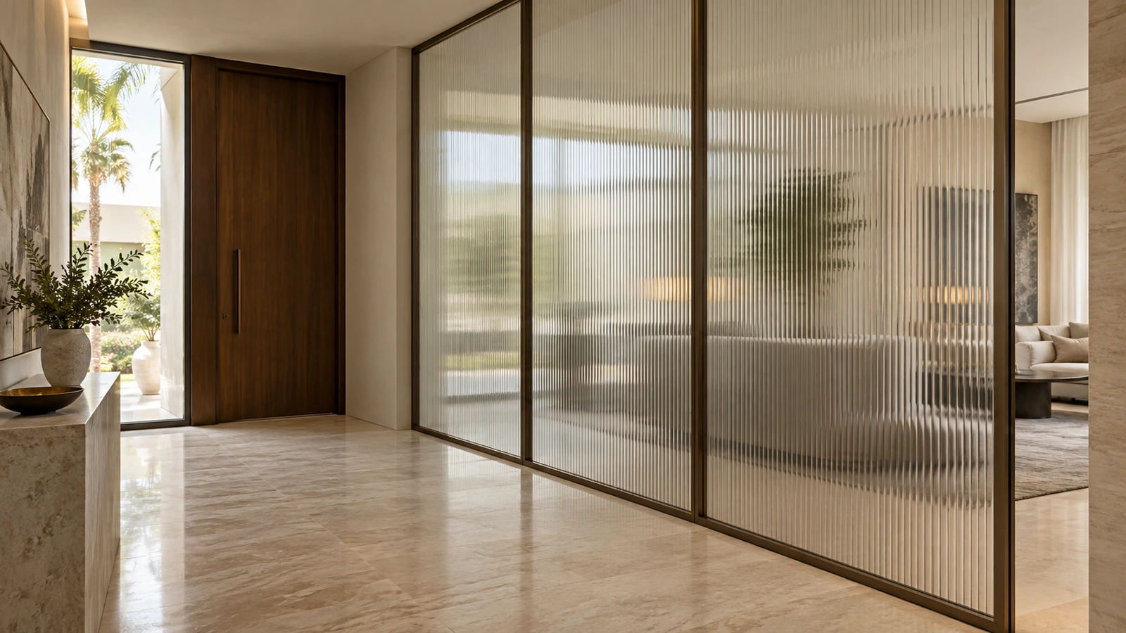 Bronze-framed fluted glass partition in a Dubai villa entrance hall