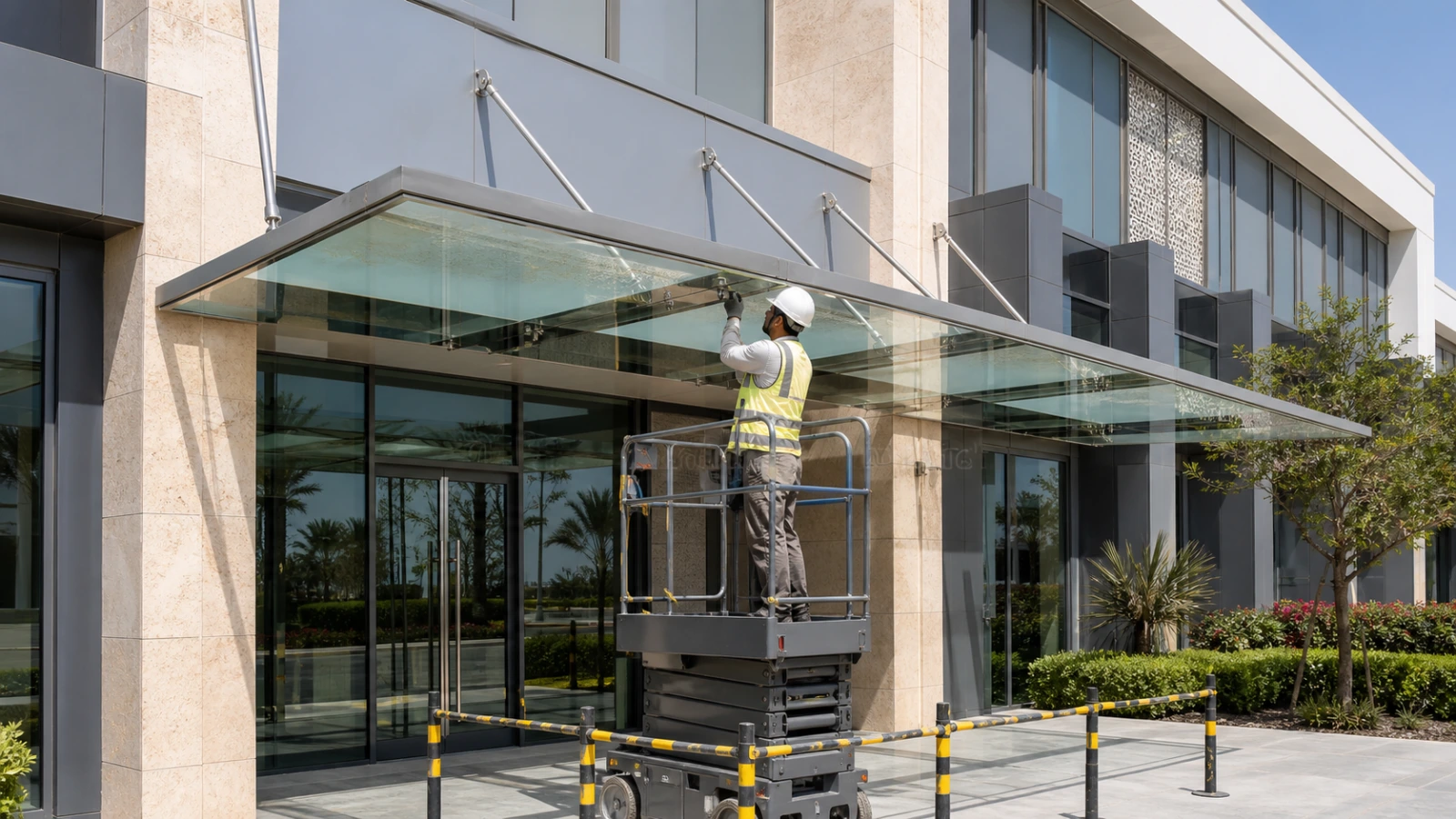 Technician inspecting an entrance glass canopy for replacement in Dubai