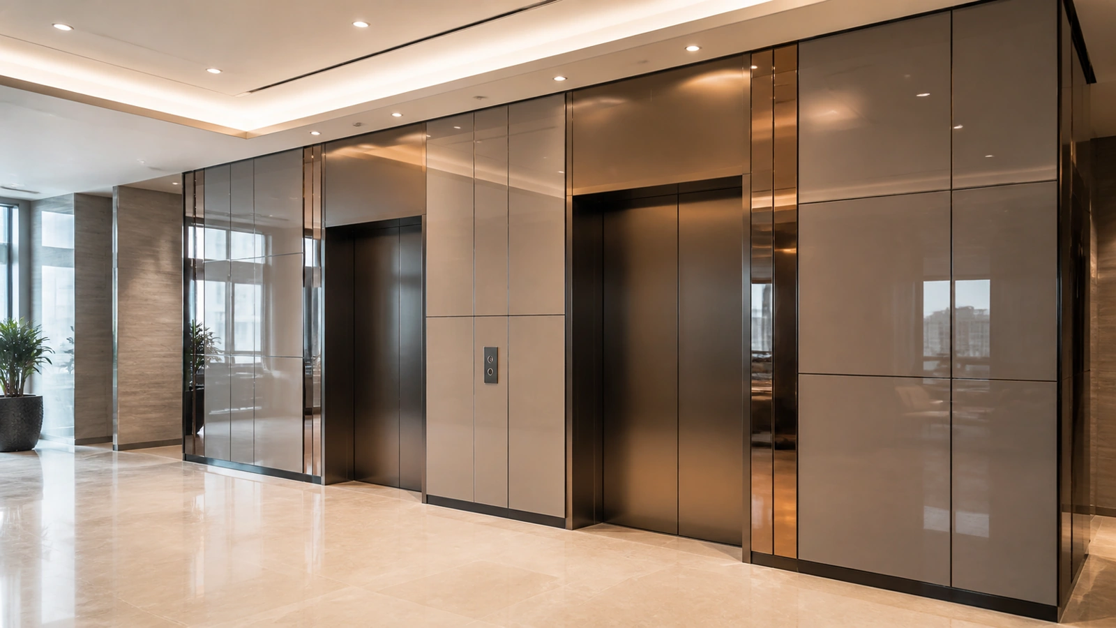 Back-painted glass wall cladding in a Dubai commercial lift lobby