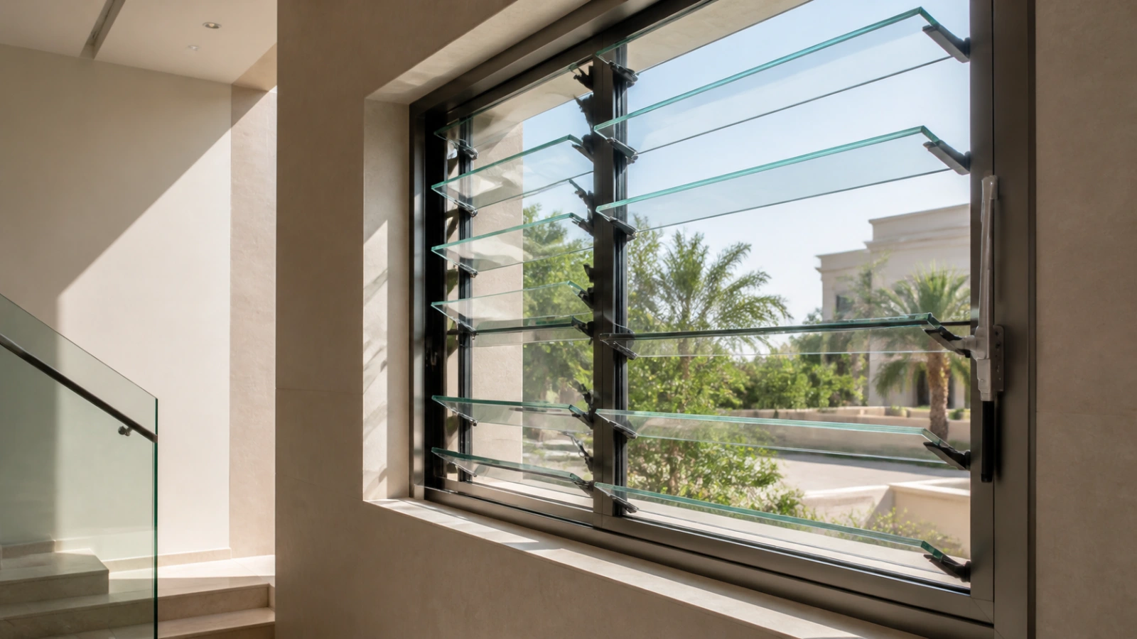 Open glass louvre windows in a contemporary Dubai villa