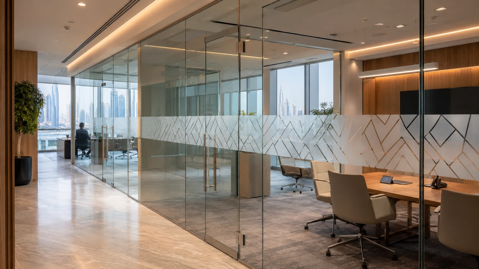 Frosted glass manifestation on office partitions and doors in Dubai