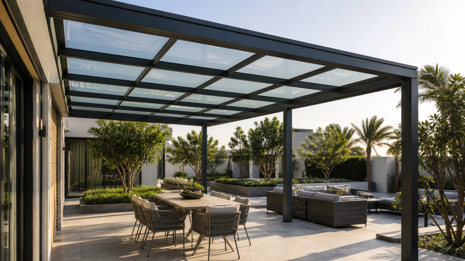 Glass pergola roof inspected for leak repair at a Dubai villa