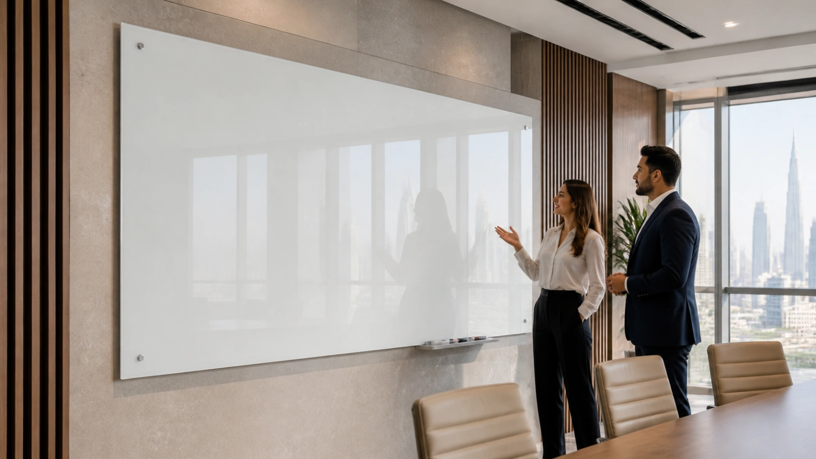 Wall-mounted glass whiteboard in a contemporary Dubai office