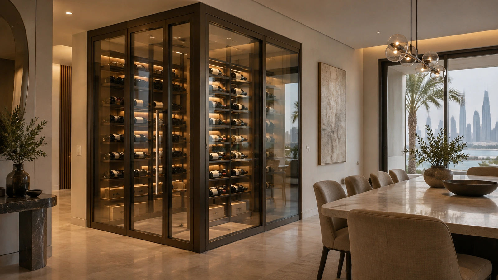 Bronze-framed glass wine room beside a Dubai villa dining area