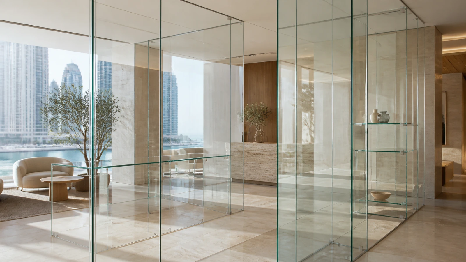 Extra-clear low-iron glass partitions in a luxury Dubai interior