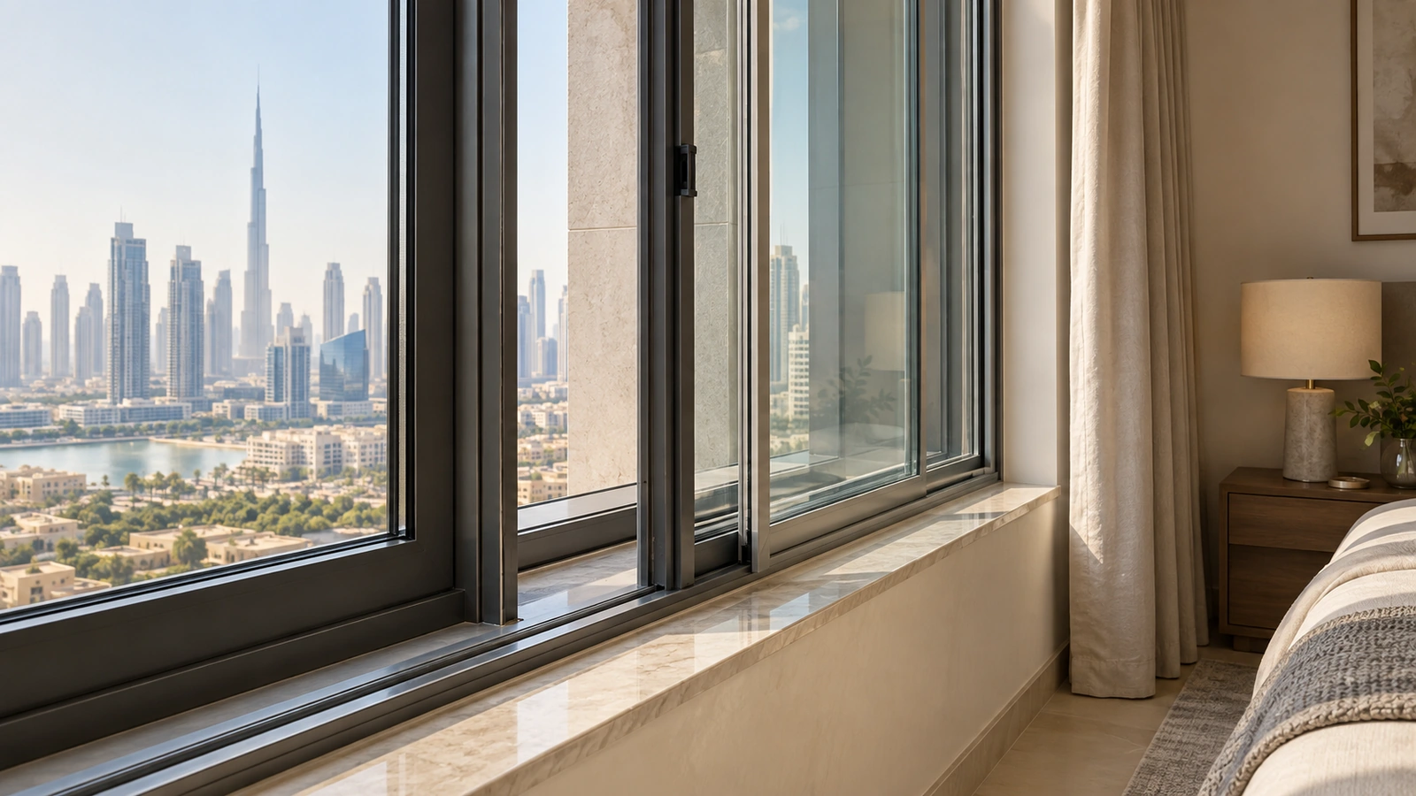 Internal secondary glazing with a separate aluminium frame in a Dubai apartment