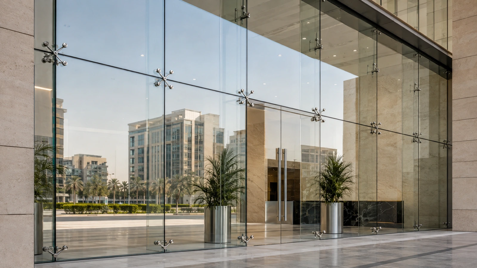 Point-fixed spider glazing facade at a Dubai commercial entrance